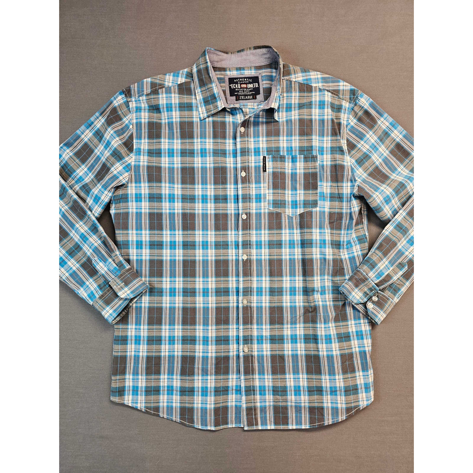Ecko Unltd Plaid Button Down Shirt Men's 2xl Blue Grey Long Sleeve Pocket
